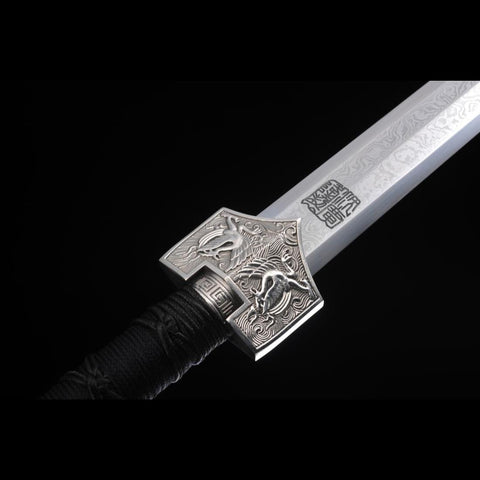 Handmade Chinese Sword Four-Holy-Animal Han Jian Folded Steel Eight-Sided Blade Ebony Scabbard-COOLKATANA