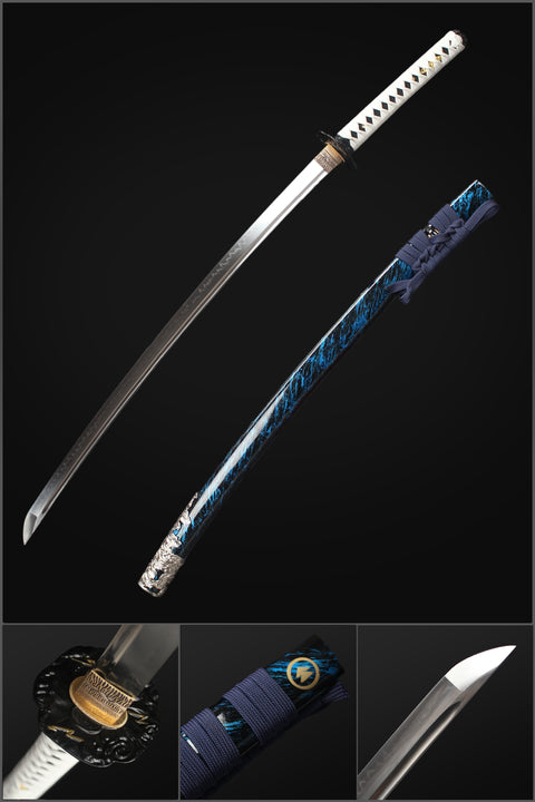 Handmade Game Ghost of Tsushima Katana Sword T10 Steel Blade with Bo-Hi Full Tang Clay Tempered-COOLKATANA