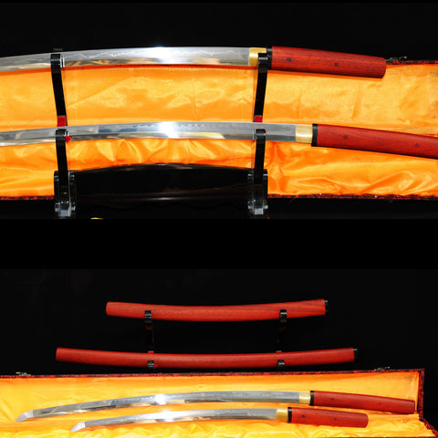 Hand Forged Japanese Daisho Katana+Wakizashi Sword Set 1095 High Carbon Steel Redwood Shirasaya-COOLKATANA