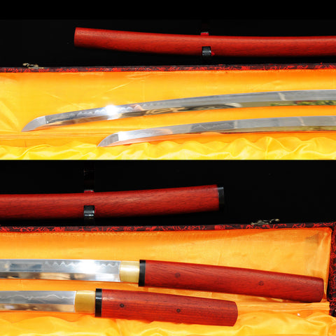 Hand Forged Japanese Daisho Katana+Wakizashi Sword Set 1095 High Carbon Steel Redwood Shirasaya-COOLKATANA-SL-361-U