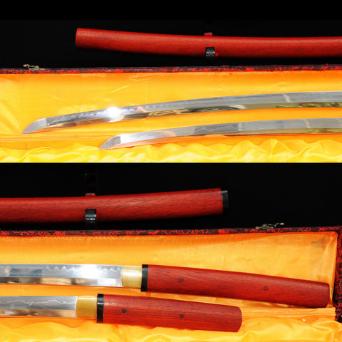 Hand Forged Japanese Daisho Katana+Wakizashi Sword Set 1095 High Carbon Steel Redwood Shirasaya-COOLKATANA