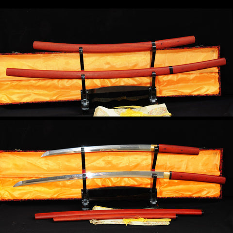 Hand Forged Japanese Daisho Katana+Wakizashi Sword Set 1095 High Carbon Steel Redwood Shirasaya-COOLKATANA-SL-361-U