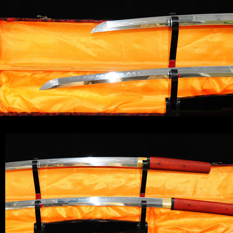 Hand Forged Japanese Daisho Katana+Wakizashi Sword Set 1095 High Carbon Steel Redwood Shirasaya-COOLKATANA