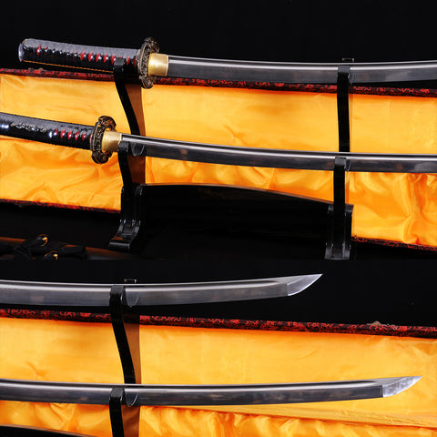 Hand Forged Japanese Daisho Sword Katana+Wakizashi Folded Steel Damascus Brass Tsuba Full Tang-COOLKATANA