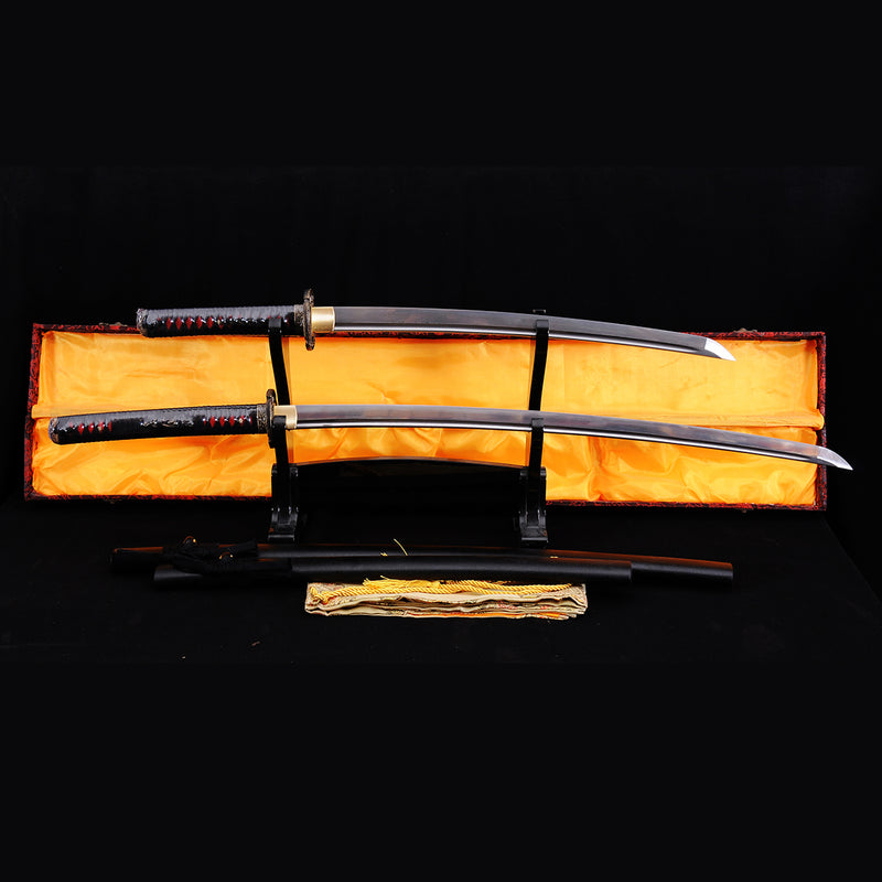Hand Forged Japanese Daisho Sword Katana+Wakizashi Folded Steel Damascus Brass Tsuba Full Tang - COOLKATANA 