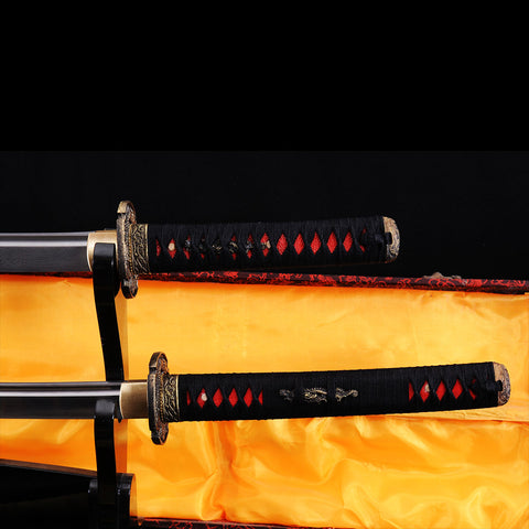 Hand Forged Japanese Daisho Sword Katana+Wakizashi Folded Steel Damascus Brass Tsuba Full Tang-COOLKATANA