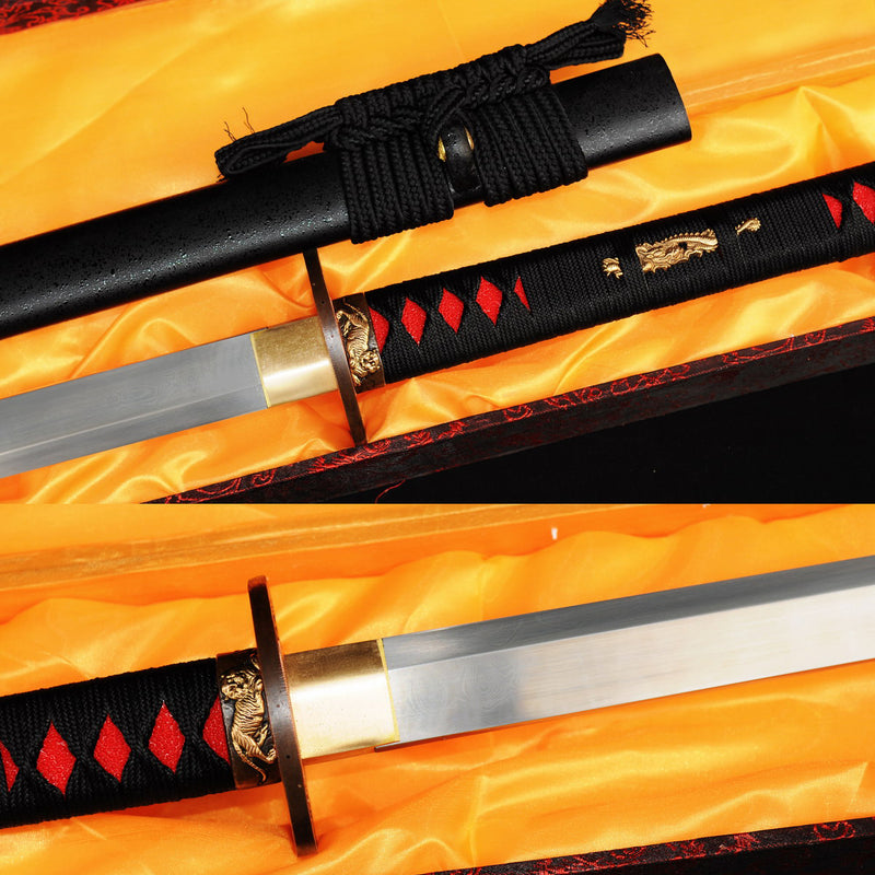 Hand Forged Japanese Ninja Chokuto Straight Blade Ninjato Honsanmai 1095 Steel+Folded Steel Copper Tsuba - COOLKATANA 