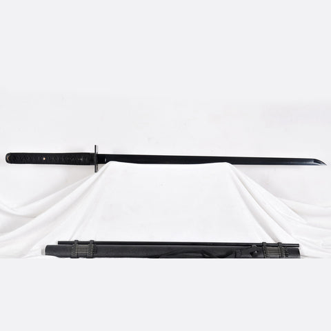 Hand Forged Japanese Ninja Sword Folded Steel Black Blade Iron Square Tsuba Blowing Needles-COOLKATANA