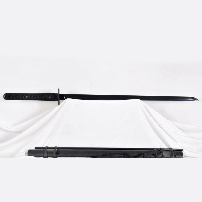 Hand Forged Japanese Ninja Sword Folded Steel Black Blade Iron Square Tsuba Blowing Needles - COOLKATANA 