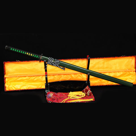 Hand Forged Japanese Ninja Sword Folded Steel Chokuto Iron Tsuba Green Saya-COOLKATANA
