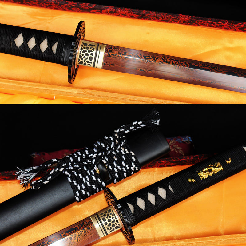 Hand Forged Japanese Ninja Sword Folded Steel Reddish Black Blade Iron Crane Tsuba - COOLKATANA 