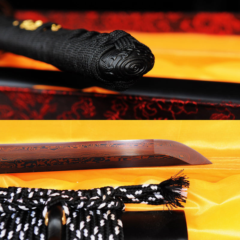Hand Forged Japanese Ninja Sword Folded Steel Reddish Black Blade Iron Crane Tsuba - COOLKATANA 
