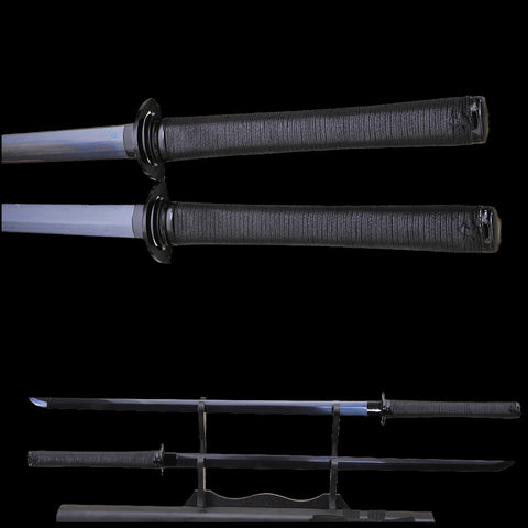 Hand Forged Japanese Ninja Sword Set Gemini Twin Ninjato Folde Steel Iron Tsuba Straight Blade Black-COOLKATANA