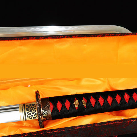 Hand Forged Japanese Ninja Sword Straight Blade Ninjato Clay Tempered Sanmain 1095 Carbon Steel+Folded Steel-COOLKATANA