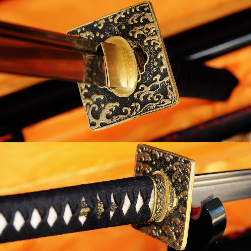 Hand Forged Japanese Ninjato Chokuto Straight Blade Sword Folded Steel Square Brass Tsuba - COOLKATANA 
