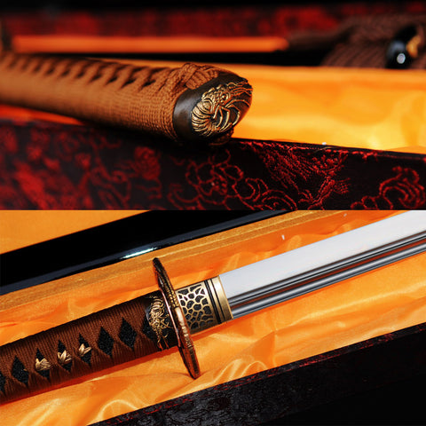 Hand Forged Japanese O-Kissaki Ninja Sword Chokuto 1095 High Carbon Steel Copper Tsuba Black Saya-COOLKATANA