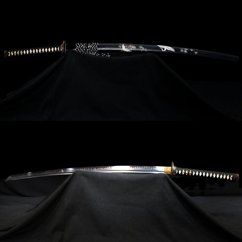 Hand Forged Japanese Samurai Katana Sword 1095 Folded Steel Clay Tempered Hand-Drawn Crane Saya-COOLKATANA