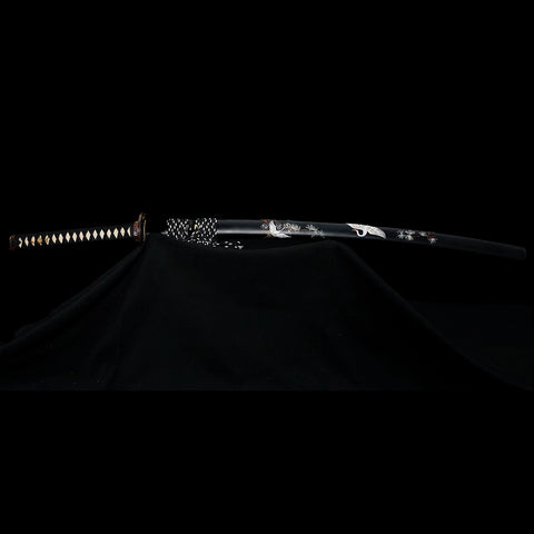 Hand Forged Japanese Samurai Katana Sword 1095 Folded Steel Clay Tempered Hand-Drawn Crane Saya-COOLKATANA-SL-1403-U