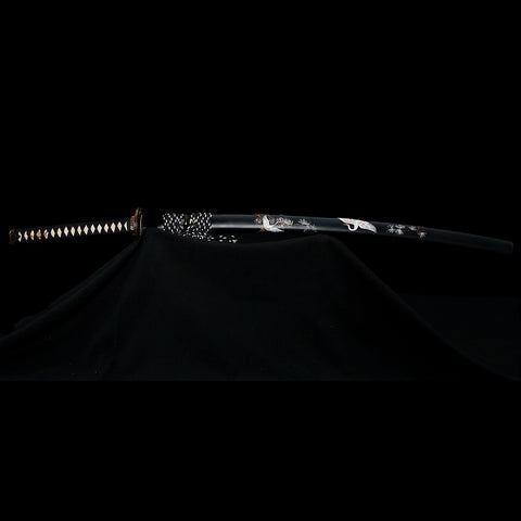 Hand Forged Japanese Samurai Katana Sword 1095 Folded Steel Clay Tempered Hand-Drawn Crane Saya-COOLKATANA