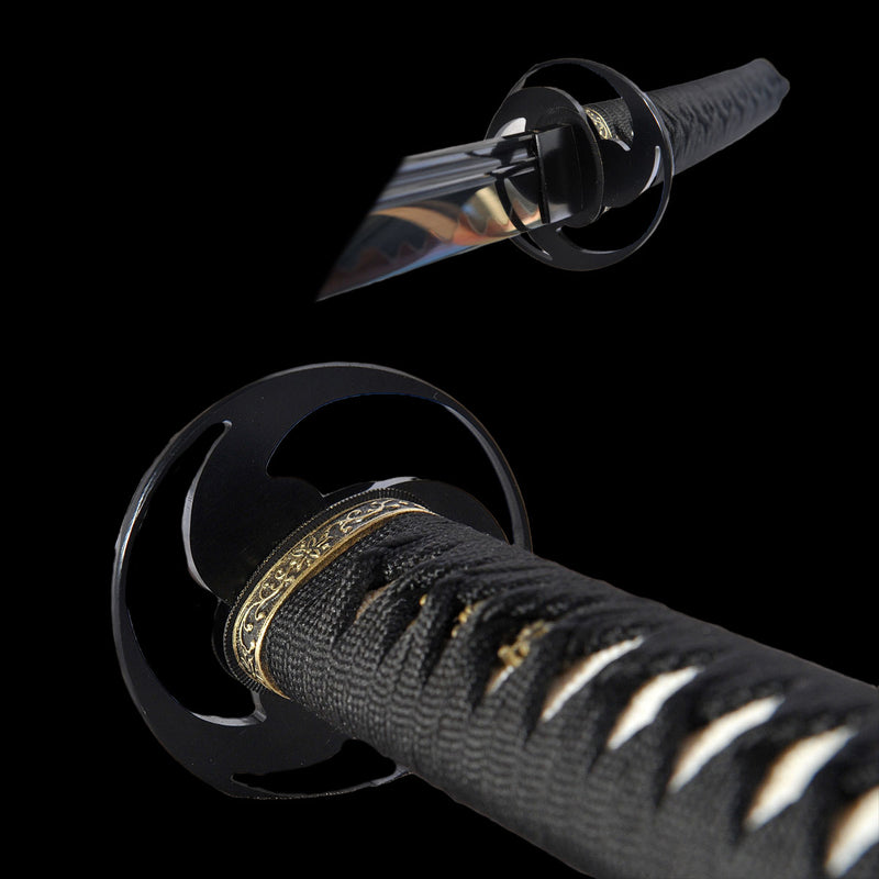 Hand Forged Japanese Samurai Katana Sword 1095 High Carbon Steel Black Blade Clay Tempered Unokubi-Zukuri - COOLKATANA 