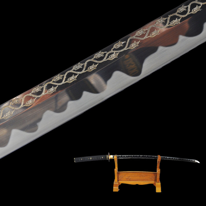 Hand Forged Japanese Samurai Katana Sword 1095 High Carbon Steel Blade With Rose Engraving Sharp - COOLKATANA 