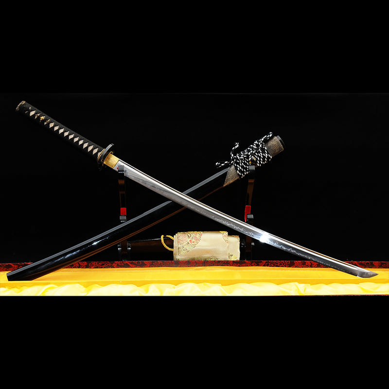 Hand Forged Japanese Samurai Katana Sword 1095 High Carbon Steel Clay Tempered Full Tang Half-Rayskin Saya - COOLKATANA 