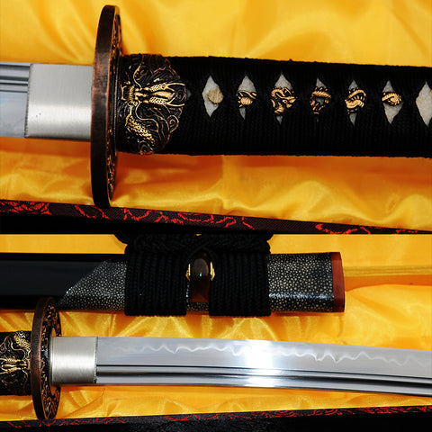 Hand Forged Japanese Samurai Katana Sword 1095 High Carbon Steel Clay Tempered Full Tang Half-Rayskin Saya-COOLKATANA