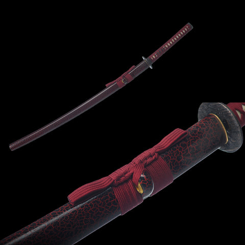 Hand Forged Japanese Samurai Katana Sword 1095 High Carbon Steel Clay Tempered Kiriha-Zukuri Red Blade-COOLKATANA-SL-1305-U