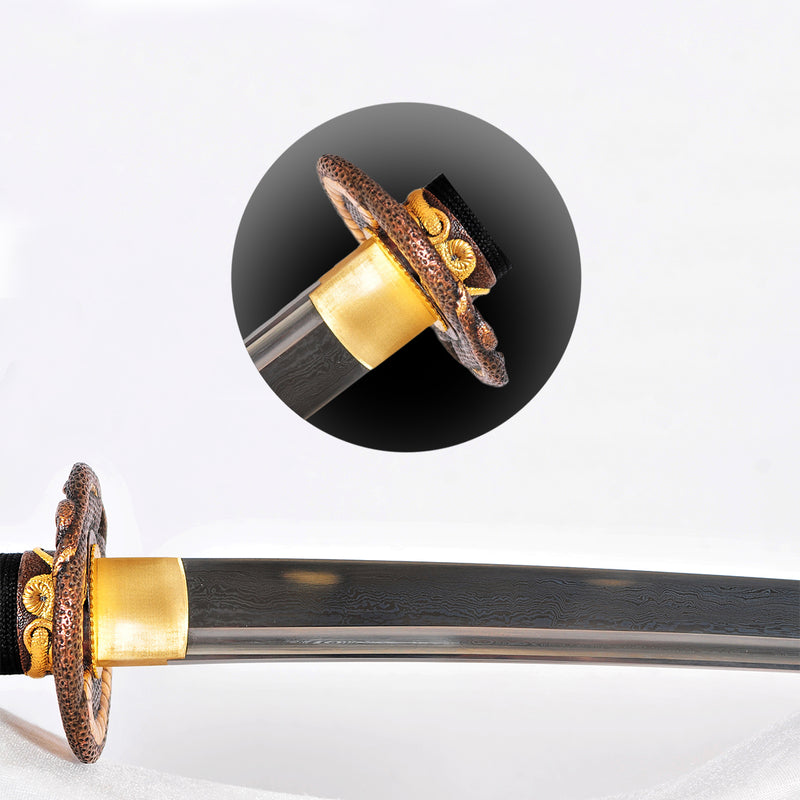 Hand Forged Japanese Samurai Katana Sword Damascus Folded Steel Copper Snake Tsuba - COOLKATANA 