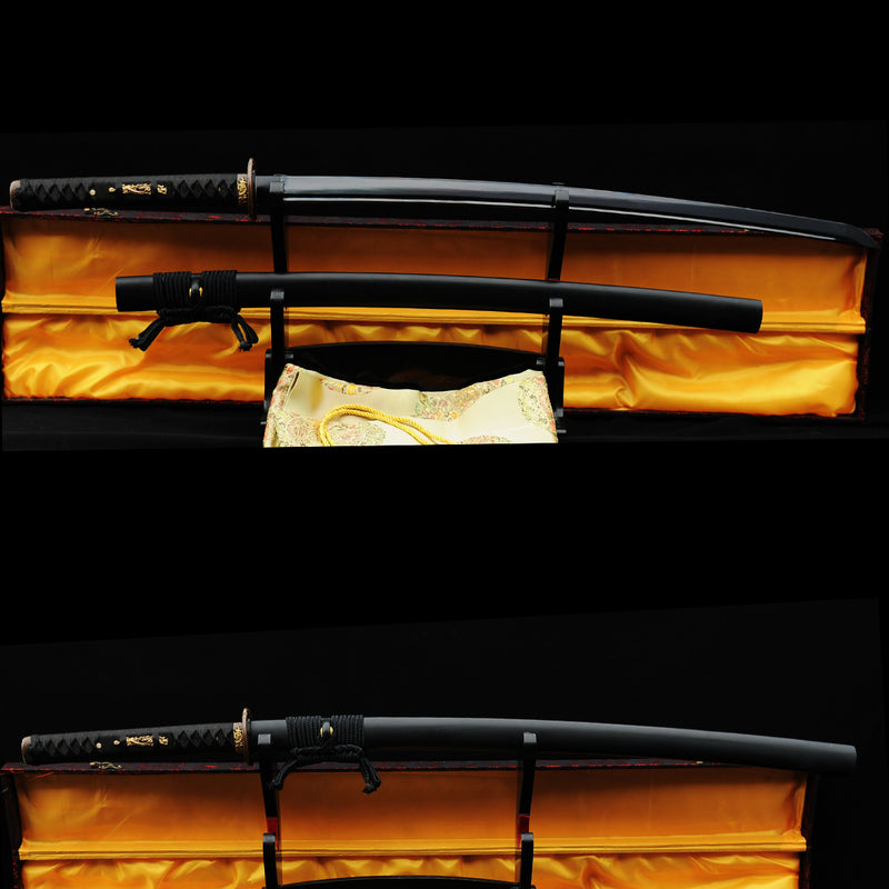 Hand Forged Japanese Samurai Katana Sword Folded Steel Black Blade Musashi Tsuba - COOLKATANA 