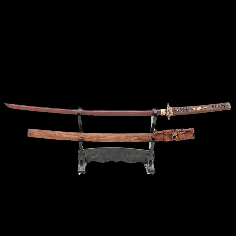 Hand Forged Japanese Samurai Katana Sword Folded Steel Reddish Black Blade Dragon Tsuba - COOLKATANA 