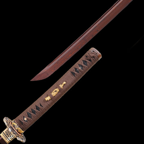 Hand Forged Japanese Samurai Katana Sword Folded Steel Reddish Black Blade Dragon Tsuba-COOLKATANA-SL-890-U