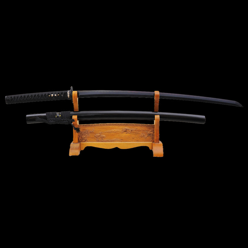 Hand Forged Japanese Samurai Katana Sword Honsanmai Clay Tempered Black Blade Iron Tsuba - COOLKATANA 