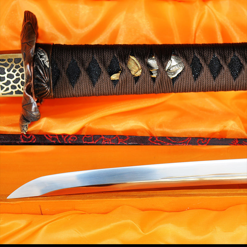 Hand Forged Japanese Samurai Katana Sword O-Kissaki 1095 Carbon Steel Blade Shell Saya Copper Frog Tsuba - COOLKATANA 