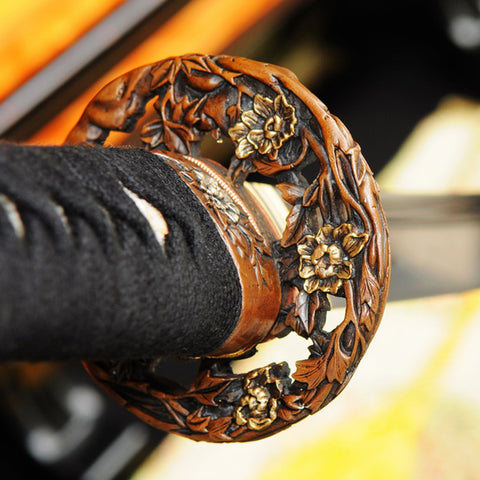 Hand Forged Japanese Samurai Katana Sword O-Kissaki 1095 High Carbon Steel Full Tang Copper Flower Tsuba-COOLKATANA-SL-368-U