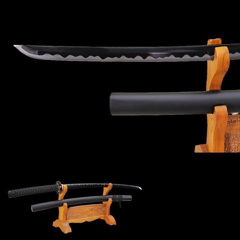 Hand Forged Japanese Samurai Katana Sword 1095 Carbon Steel Black Blade Fake Hamon Iron Tsuba-COOLKATANA-SL-1008-U