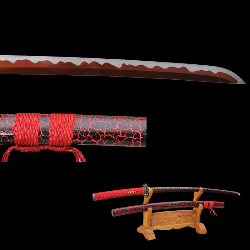 Hand Forged Japanese Samurai Katana Sword 1095 Carbon Steel Red Blade Abrasived Hamon - COOLKATANA 