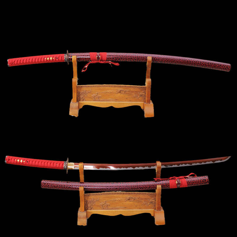 Hand Forged Japanese Samurai Katana Sword 1095 Carbon Steel Red Blade Abrasived Hamon - COOLKATANA 