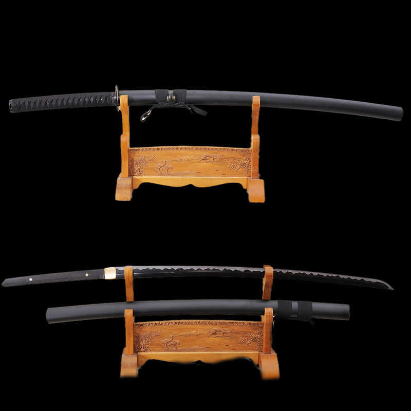 Hand Forged Japanese Samurai Katana Sword 1095 Carbon Steel Black Blade Fake Hamon Iron Tsuba - COOLKATANA 