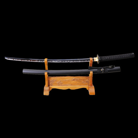 Hand Forged Japanese Samurai Katana Sword 1095 Carbon Steel Black Blade Fake Hamon Iron Tsuba-COOLKATANA-SL-1008-U