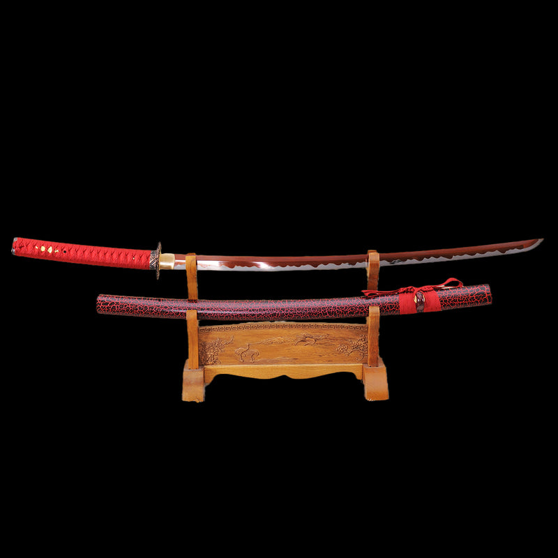 Hand Forged Japanese Samurai Katana Sword 1095 Carbon Steel Red Blade Abrasived Hamon - COOLKATANA 