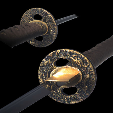 Hand Forged Japanese Samurai Sword UNOKUBI-ZUKURI Katana Folded Steel Clay Tempered Black Blade-COOLKATANA-SL-1306-U
