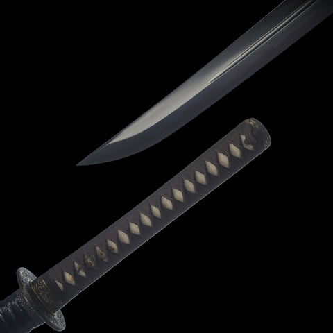 Hand Forged Japanese Samurai Sword UNOKUBI-ZUKURI Katana Folded Steel Clay Tempered Black Blade-COOLKATANA-SL-1306-U