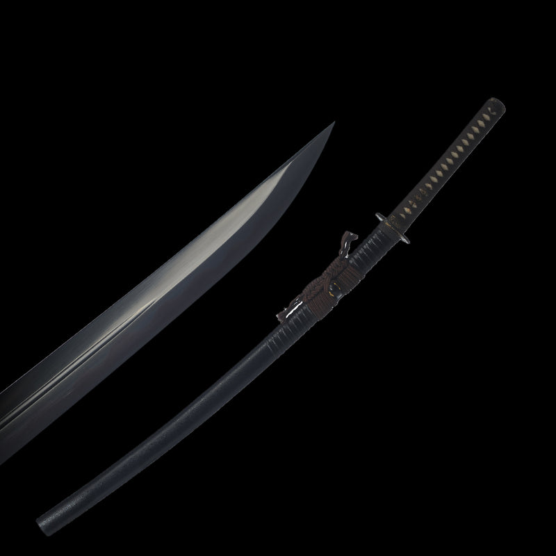 Hand Forged Japanese Samurai Sword UNOKUBI-ZUKURI Katana Folded Steel Clay Tempered Black Blade - COOLKATANA 