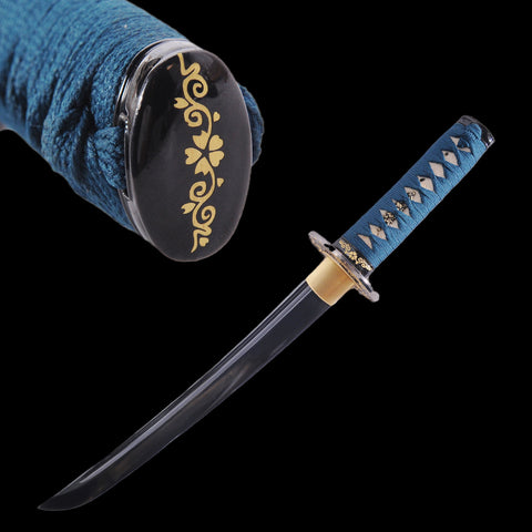 Hand Forged Japanese Tanto Short Sword Damascus Folded Steel Black Blade With Blood Groove-COOLKATANA