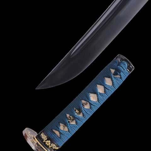 Hand Forged Japanese Tanto Short Sword Damascus Folded Steel Black Blade With Blood Groove-COOLKATANA