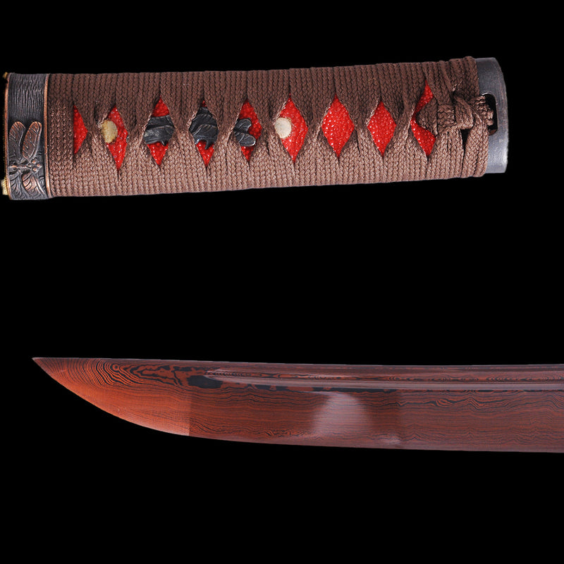 Hand Forged Japanese Tanto Short Sword Damascus Folded Steel Rreddish Black Blade Sharp - COOLKATANA 