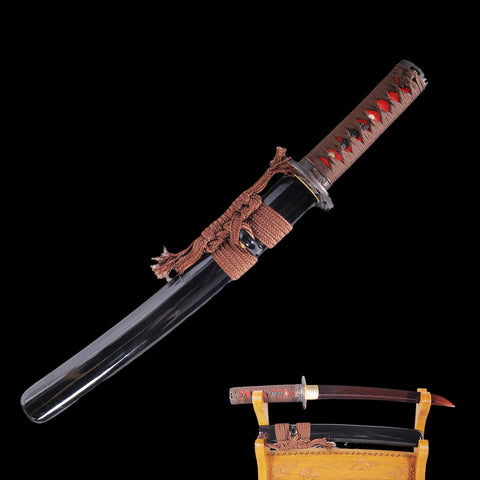 Hand Forged Japanese Tanto Short Sword Damascus Folded Steel Rreddish Black Blade Sharp-COOLKATANA-SL-1098-U