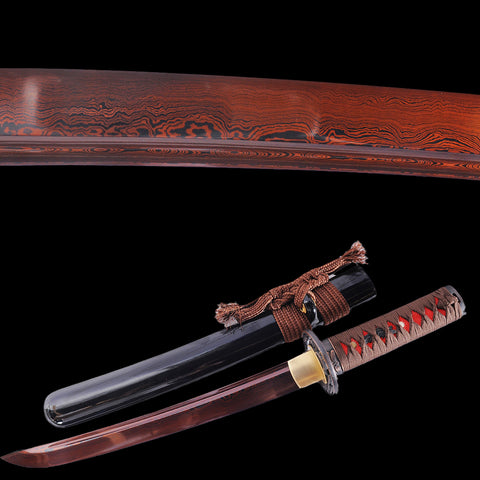 Hand Forged Japanese Tanto Short Sword Damascus Folded Steel Rreddish Black Blade Sharp-COOLKATANA-SL-1098-U