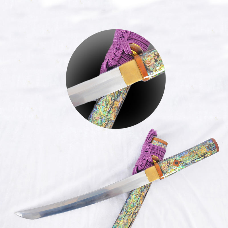 Hand Forged Japanese Tanto Short Sword Feather Pattern Blade Shell Saya Full Tang - COOLKATANA 